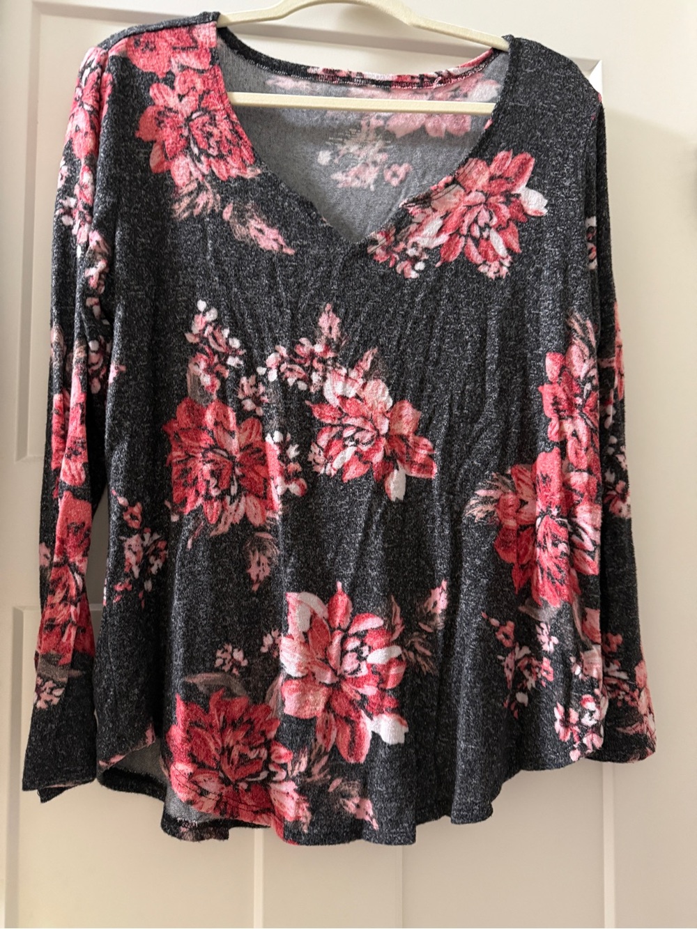 Maurices Charcoal Long Sleeve V-Neck Top with Pink Floral Print